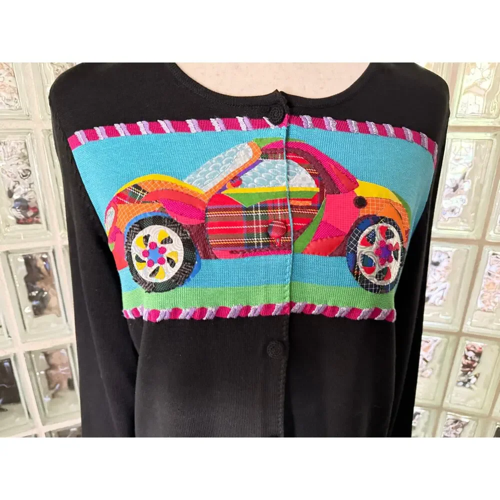 Michael Simon Vintage Cars Beaded Spun Silk Blend Sweater - size large